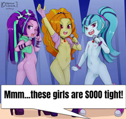 Size: 920x869 | Tagged: explicit, artist:oozutsucannon, editor:undeadponysoldier, adagio dazzle, aria blaze, sonata dusk, banned from derpibooru, bedroom eyes, bracelet, breasts, clothes, concert, delicious flat chest, edit, equestria girls, female, flatdagio dazzle, gloves, imported from twibooru, jewelry, lolicon, looking at you, microphone, nudity, offscreen character, open mouth, quote, rainbow rocks, rock on, sexy, shoes, signature, small breasts, socks, speech bubble, stage, stockings, text, the dazzlings, thigh highs, trio, underage, vagina, you girls are so tight, younger