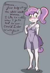 Size: 613x894 | Tagged: explicit, artist:radicalweegee, sweetie belle, anthro, banned from derpibooru, blushing, clothes, dialogue, ear fluff, female, heart eyes, imported from twibooru, lewd, lolicon, looking at you, nightgown, nipples, nudity, pettanko, see-through, simple background, solo, speech bubble, underage, unguligrade anthro, unicorn, vulva, wingding eyes