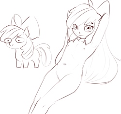 Size: 1488x1394 | Tagged: explicit, artist:crade, apple bloom, banned from derpibooru, breasts, delicious flat chest, duality, earth pony, eye clipping through hair, female, filly, human, humanized, imported from twibooru, lolicon, monochrome, nudity, pony, sketch, small breasts, solo, squatpony, underage