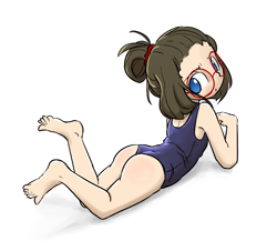 Size: 1015x879 | Tagged: suggestive, artist:spheedc, oc, oc:sphee, ass, banned from derpibooru, butt, clothes, female, glasses, human, humanized, humanized oc, imported from twibooru, lolicon, looking back, oc only, one-piece swimsuit, school swimsuit, simple background, solo, solo female, swimsuit, underage, white background