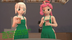 Size: 1280x720 | Tagged: suggestive, artist:cdv, oc, oc:butter muffin, oc:silk stocking, 3d, animated, anthro, apron, banned from derpibooru, child, clothes, coffee, cup, female, iced latte with breast milk, imported from twibooru, lolicon, meme, naked apron, sound, source filmmaker, starbucks, text, underage, vulgar