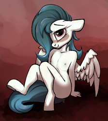 Size: 715x800 | Tagged: questionable, artist:arume_lux, oc, oc:ethereal pelagia, anthro, anthro oc, banned from derpibooru, blushing, female, heart eyes, imported from twibooru, lolicon, looking at you, nipples, nudity, oc only, pegasus, sitting, smiling, smiling at you, solo, solo female, underage, unguligrade anthro, wingding eyes