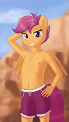 Size: 1794x3178 | Tagged: questionable, artist:irisarco, scootaloo, anthro, arm behind head, banned from derpibooru, belly button, blurry background, breasts, chest fluff, clothes, cloud, day, delicious flat chest, ear fluff, ears, edit, exhibitionism, female, grin, hand on hip, imported from twibooru, lidded eyes, lolicon, looking at you, male swimwear challenge, mountain, nipples, nudity, outdoors, partial nudity, pegasus, rock, shorts, sky, small breasts, smiling, smiling at you, solo, solo female, standing, topless, underage, watermark, wings, young