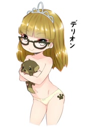 Size: 340x485 | Tagged: questionable, artist:born-to-die, adorasexy, animal, banned from derpibooru, belly button, breasts, clothes, cute, cutie mark, cutie mark on human, delicious flat chest, dog, female, glasses, human, humanized, imported from twibooru, jewelry, lolicon, looking at you, partial nudity, puppy, sexy, simple background, small breasts, solo, solo focus, tiara, topless, underage, underwear, white background, zippoorwhill