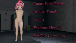 Size: 1280x720 | Tagged: explicit, artist:cdv, oc, oc:butter muffin, 360, 3d, animated, anthro, banned from derpibooru, breasts, child, delicious flat chest, female, imported from twibooru, lolicon, nipples, no sound, nudity, oc only, reference sheet, small breasts, solo, source filmmaker, text, underage