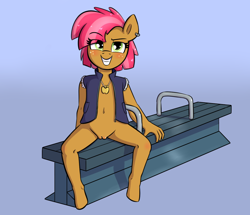 Size: 1552x1336 | Tagged: explicit, artist:heretichesh, babs seed, anthro, banned from derpibooru, belly button, bench, blushing, bottomless, clothes, ear piercing, female, grin, imported from twibooru, jewelry, lolicon, looking at you, necklace, nudity, partial nudity, piercing, raised eyebrow, simple background, smiling, smug, solo, solo female, underage, unguligrade anthro, vest, vulva