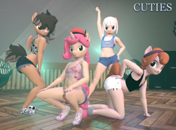 Size: 2935x2160 | Tagged: suggestive, artist:cdv, oc, oc:butter muffin, oc:queen pawn, oc:rabble rouser, oc:silk stocking, 3d, anthro, banned from derpibooru, child, clothes, cuties, female, females only, hat, imported from twibooru, lolicon, looking at you, oc only, parody, plantigrade anthro, shoes, source filmmaker, tomboy, underage