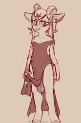 Size: 2199x3313 | Tagged: explicit, artist:yoditax, oc, oc:portia, anthro, anthro oc, banned from derpibooru, clothes, demon, dress, female, futa, futa loli, horns, horsecock, imported from twibooru, impossibly large penis, intersex, lolicon, looking at you, monochrome, nudity, oc only, penis, precum, side slit, sketch, solo, solo futa, third leg, tongue out, total sideslit, underage, unguligrade anthro