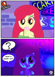 Size: 1414x2000 | Tagged: suggestive, artist:theminus, apple bloom, 2 panel comic, banned from derpibooru, blacklight, comic, equestria girls, female, implied cum, imported from twibooru, lolicon, police, solo, underage