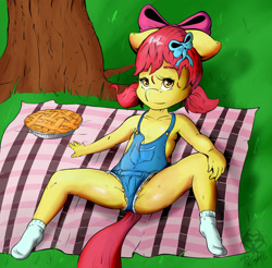 Size: 2492x2454 | Tagged: suggestive, artist:mdgusty, apple bloom, anthro, banned from derpibooru, clothes, female, food, imported from twibooru, lolicon, picnic blanket, pie, socks, solo, tree, underage