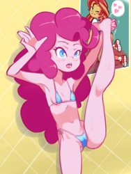 Size: 1200x1600 | Tagged: questionable, artist:drantyno, pinkie pie, armpits, banned from derpibooru, bikini, cameltoe, child, clothes, equestria girls, feet, female, imported from twibooru, lolicon, solo, solo female, sunset shimmer, swimsuit, underage, young, younger
