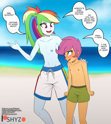 Size: 1419x1584 | Tagged: questionable, artist:pshyzomancer, rainbow dash, scootaloo, adonis belt, adorasexy, banned from derpibooru, blushing, breasts, child, clothes, cute, cutealoo, dashabetes, delicious flat chest, edit, embarrassed, equestria girls, exhibitionism, female, human, implied lesbian, implied scootadash, implied shipping, imported from twibooru, lolicon, male swimwear challenge, nipples, nudity, partial nudity, public nudity, rainbow flat, scootaflat, sexy, small breasts, swim trunks, topless, underage, young