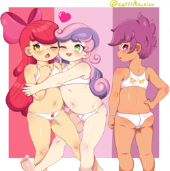Size: 1277x1283 | Tagged: suggestive, artist:cutiemachina, apple bloom, scootaloo, sweetie belle, ass, banned from derpibooru, butt, clothes, cutie mark crusaders, female, human, humanized, imported from twibooru, lolicon, scootabutt, underage, underwear