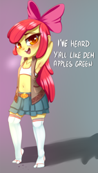 Size: 966x1696 | Tagged: suggestive, artist:dankflank, apple bloom, banned from derpibooru, blushing, clothes, equestria girls, female, imported from twibooru, lolicon, skirt, socks, solo, text, underage