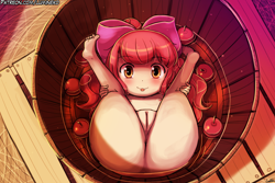 Size: 3000x2000 | Tagged: explicit, artist:lumineko, apple bloom, adorabloom, alternate version, anus, apple, apple bloom's bow, apple bobbing, banned from derpibooru, barefoot, barrel, bloom butt, blushing, bow, butt, child, cute, cute porn, feet, female, food, hair bow, human, humanized, imported from twibooru, legs behind head, lolicon, looking at you, mlem, nipples, nudity, silly, smiling, soles, solo, solo female, toes, tongue out, underage, vulva, water