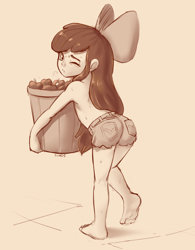 Size: 2920x3749 | Tagged: suggestive, artist:crade, apple bloom, apple, banned from derpibooru, bare chest, barefoot, bloom butt, bucket, butt, child, clothes, feet, female, food, human, humanized, imported from twibooru, lolicon, partial nudity, short jeans, solo, solo female, sweat, topless, underage