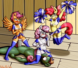 Size: 3456x2997 | Tagged: explicit, artist:anibaruthecat, apple bloom, scootaloo, sweetie belle, oc, series:cmc modeling academy, anthro, banned from derpibooru, canon x oc, cheerleader, creampie, cum, earth pony, female, group sex, imported from twibooru, lolicon, male, pegasus, sex, straight, underage, unguligrade anthro, unicorn