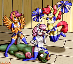 Size: 3456x2997 | Tagged: explicit, artist:anibaruthecat, apple bloom, scootaloo, sweetie belle, oc, series:cmc modeling academy, anthro, banned from derpibooru, canon x oc, cheerleader, earth pony, female, group sex, imported from twibooru, lolicon, male, pegasus, sex, straight, underage, unguligrade anthro, unicorn