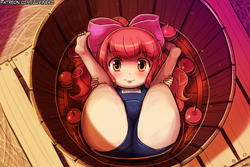 Size: 3000x2000 | Tagged: suggestive, artist:lumineko, apple bloom, adorasexy, apple, banned from derpibooru, blushing, bucket, clothes, cute, equestria girls, female, food, fruit, human, human coloration, humanized, imported from twibooru, lolicon, looking at you, lumineko is trying to murder us, offscreen character, one-piece swimsuit, pov, sexy, solo, solo female, swimsuit, tongue out, underage