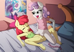 Size: 1527x1073 | Tagged: explicit, artist:goth reaper, apple bloom, sweetie belle, ahegao, anal beads, anthro, banned from derpibooru, barefoot, bed, bedroom, bedroom eyes, bottomless, breasts, child, clothes, delicious flat chest, earth pony, feet, female, horn, imported from twibooru, lesbian, lolicon, nudity, open mouth, partial nudity, plantigrade anthro, sex, sex toy, shirt, tongue out, tribadism, underage, unicorn, vulva, young