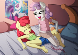 Size: 3400x2390 | Tagged: explicit, artist:goth reaper, apple bloom, sweetie belle, ahegao, anal beads, anthro, banned from derpibooru, barefoot, bed, bedroom, bedroom eyes, breasts, child, clothes, delicious flat chest, dry humping, earth pony, feet, female, horn, imported from twibooru, lesbian, lolicon, open mouth, plantigrade anthro, sex, sex toy, tongue out, tribadism, underage, unicorn, young