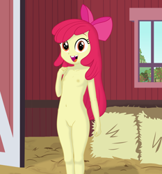 Size: 5598x6000 | Tagged: explicit, artist:dtavs.exe, apple bloom, banned from derpibooru, barn, clothes, denim shorts, equestria girls, female, hay, imported from twibooru, lolicon, midriff, missing teeth, shorts, show accurate, underage