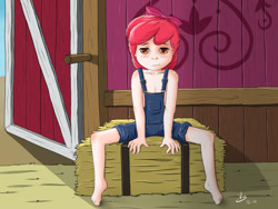 Size: 1200x900 | Tagged: suggestive, artist:vsdrawfag, apple bloom, banned from derpibooru, barn, blushing, female, hay bale, human, humanized, imported from twibooru, lolicon, looking at you, solo, spread legs, spreading, underage