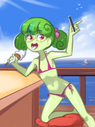 Size: 1200x1600 | Tagged: questionable, artist:drantyno, background human, banned from derpibooru, bikini, breasts, child, clothes, delicious flat chest, equestria girls, female, food, freckles, glasses, human, ice cream, imported from twibooru, lolicon, phone, stella sprinkles, swimsuit, underage, young, younger