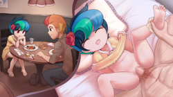Size: 2370x1330 | Tagged: explicit, artist:pestil, oc, oc:apogee, oc:jet stream, banned from derpibooru, bed, bottomless, clothes, cute, father and child, father and daughter, female, flower, happy sex, human, humanized, imported from twibooru, incest, lolicon, male, nudity, oc only, partial nudity, penetration, penis, pillow, rose, sex, smiling, straight, table, underage, vaginal