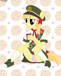 Size: 2080x2600 | Tagged: suggestive, artist:tolpain, anthro, banned from derpibooru, clothes, cookie, earth pony, female, filly scouts, food, imported from twibooru, lolicon, noi, panties, panty shot, pink underwear, plantigrade anthro, scouts, skirt, solo, solo female, underage, underwear, upskirt, wagon