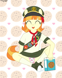 Size: 2080x2600 | Tagged: suggestive, artist:tolpain, anthro, banned from derpibooru, clothes, cookie, earth pony, female, filly scouts, food, imported from twibooru, lolicon, panties, panty shot, plantigrade anthro, scouts, skirt, solo, solo female, tag-a-long, underage, underwear, undies, upskirt, wagon