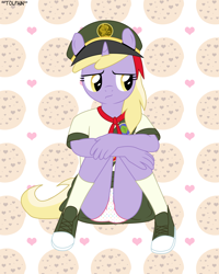 Size: 2080x2600 | Tagged: suggestive, artist:tolpain, anthro, banned from derpibooru, clothes, cookie, dinky hooves, female, filly scouts, food, imported from twibooru, lolicon, panties, panty shot, pink underwear, plantigrade anthro, scouts, skirt, solo, solo female, underage, underwear, undies, unicorn, upskirt, wagon
