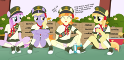 Size: 5660x2748 | Tagged: suggestive, artist:tolpain, anthro, banned from derpibooru, clothes, cookie, dinky hooves, earth pony, female, females only, filly scouts, food, imported from twibooru, lolicon, noi, panties, panty shot, pink underwear, piña colada, plantigrade anthro, scouts, skirt, tag-a-long, underage, underwear, undies, unicorn, upskirt, wagon, white underwear