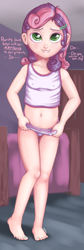 Size: 1620x4800 | Tagged: explicit, artist:ponypeon, sweetie belle, banned from derpibooru, barefoot, bed, belly button, breasts, clothes, delicious flat chest, dialogue, erect nipples, feet, female, heart, human, humanized, imported from twibooru, lip bite, lolicon, looking up, nail polish, nipple outline, panties, solo, solo female, toenail polish, underage, underwear, undressing, vaginal secretions