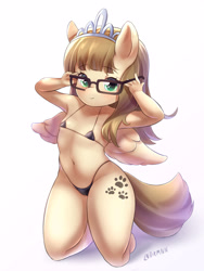 Size: 3000x4000 | Tagged: suggestive, artist:lndrmnn, alternate version, anthro, banned from derpibooru, bikini, clothes, female, glasses, imported from twibooru, jewelry, lolicon, micro bikini, pegasus, simple background, solo, swimsuit, tiara, underage, white background, zippoorwhill