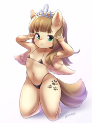 Size: 3000x4000 | Tagged: suggestive, artist:lndrmnn, alternate version, anthro, banned from derpibooru, bikini, clothes, female, imported from twibooru, jewelry, lolicon, micro bikini, pegasus, simple background, solo, swimsuit, tiara, underage, white background, zippoorwhill