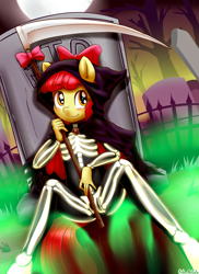 Size: 2550x3510 | Tagged: suggestive, artist:anibaruthecat, apple bloom, anthro, banned from derpibooru, cloak, clothes, costume, female, gravestone, graveyard, imported from twibooru, lolicon, scythe, skeleton costume, solo, tombstones, underage, unguligrade anthro