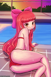 Size: 750x1125 | Tagged: suggestive, artist:lumineko, apple bloom, banned from derpibooru, bikini, bow, clothes, female, human, humanized, imported from twibooru, lolicon, long hair, solo, swimming pool, swimsuit, tongue out, underage