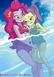 Size: 724x1023 | Tagged: explicit, artist:the-dark-mangaka, pinkie pie, banned from derpibooru, barefoot, blushing, bow, clitoris, clothes, equestria girls, feet, female, fingering, hair accessory, hair bow, imported from twibooru, lily pad (equestria girls), lilypie, lolicon, open mouth, sex, swimming, swimsuit, swimsuit aside, underage, underwater, water