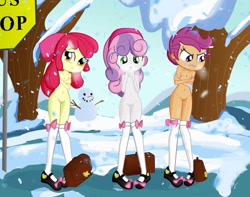 Size: 1217x960 | Tagged: explicit, artist:ohohokapi, apple bloom, scootaloo, sweetie belle, banned from derpibooru, bus stop, clothes, cutie mark crusaders, equestria girls, exhibitionism, female, imported from twibooru, lolicon, nudity, public nudity, snow, snowman, socks, underage, winter