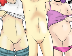 Size: 1268x980 | Tagged: explicit, artist:megasweet, apple bloom, scootaloo, sweetie belle, banned from derpibooru, clothes, colored, cutie mark crusaders, female, human, human coloration, humanized, imported from twibooru, lolicon, panties, panties pulled down, underage, underwear
