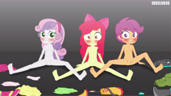 Size: 5325x3007 | Tagged: explicit, artist:excelso36, apple bloom, scootaloo, sweetie belle, ahhh, banned from derpibooru, barefoot, belly button, blushing, breasts, clothes, commission, delicious flat chest, discarded clothing, equestria girls, exposed breasts, feet, female, help me, imported from twibooru, lolicon, nipples, nudity, scared, shocked, shocked expression, small breasts, spread legs, spreading, underage, underass, vulva, wat, worried