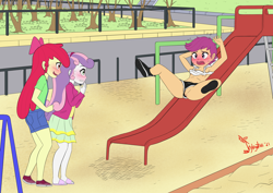 Size: 3508x2480 | Tagged: explicit, artist:deserter, artist:jeglegator, apple bloom, scootaloo, sweetie belle, accident, anus, armpits, banned from derpibooru, black footwear, blue bottomwear, blushing, bottomless, bow, clothes, cutie mark crusaders, denim shorts, edit, embarrassed, embarrassed nude exposure, equestria girls, female, females only, green eyes, green topwear, gym shorts, hair bow, human, imported from twibooru, lolicon, mutual blush, nipples, no panties, no socks, nudity, outdoors, pink footwear, pink topwear, play area, purple eyes, purple hair, red footwear, red hair, shirt, shirt lift, shoes, shorts, skirt, slide, sneakers, t-shirt, tanktop, trio, trio female, two toned bottomwear, two toned hair, underage, upshorts, vulva, wardrobe malfunction, watermark, white skin, white topwear, yellow skin
