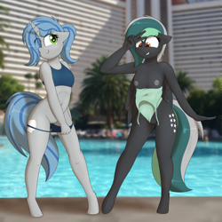 Size: 4000x4000 | Tagged: explicit, artist:ponynamedmixtape, oc, oc:equinox, oc:mellow light, anthro, anthro oc, background, banned from derpibooru, belly button, bikini, bottomless, breasts, clothes, delicious flat chest, duo, duo female, exhibitionism, exposed breasts, female, females only, flashing, grin, heart eyes, imported from twibooru, lolicon, nipples, nudity, oc only, one-piece swimsuit, partial nudity, pegasus, public nudity, small breasts, smiling, swimming pool, swimsuit, swimsuit aside, teenager, underage, unguligrade anthro, unicorn, vagina, vulva, wingding eyes