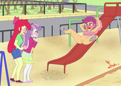 Size: 3508x2480 | Tagged: explicit, artist:jeglegator, apple bloom, scootaloo, sweetie belle, accident, anus, banned from derpibooru, blushing, bottomless, cutie mark crusaders, embarrassed, embarrassed nude exposure, equestria girls, female, females only, imported from twibooru, lolicon, no panties, nudity, slide, underage, vulva, wardrobe malfunction