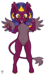 Size: 2400x4000 | Tagged: explicit, artist:golly, anthro, banned from derpibooru, breasts, digitigrade anthro, female, imported from twibooru, jewelry, lolicon, nudity, simple background, small breasts, solo, sphinx, sphinx (character), spread wings, thigh gap, transparent background, underage, vulva, wings