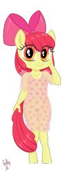 Size: 1300x3264 | Tagged: explicit, artist:golly, apple bloom, anthro, banned from derpibooru, clothes, earth pony, female, imported from twibooru, lolicon, looking at you, nightgown, nipples, nudity, see-through, simple background, smiling, solo, solo female, transparent background, underage, unguligrade anthro, vulva