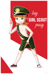 Size: 2975x4550 | Tagged: explicit, artist:vsdrawfag, banned from derpibooru, female, girl scout, human, humanized, implied prostitution, imported from twibooru, lolicon, nudity, partial nudity, peace sign, solo, tag-a-long, underage, vulva