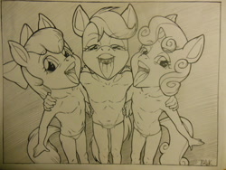 Size: 1600x1200 | Tagged: questionable, artist:bhawk, apple bloom, scootaloo, sweetie belle, anthro, banned from derpibooru, bedroom eyes, clothes, cutie mark crusaders, female, imported from twibooru, lineart, lolicon, looking at you, open mouth, oral invitation, panties, thong, traditional art, underage, underwear