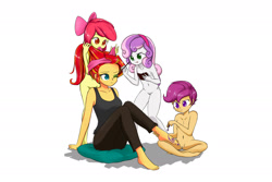 Size: 1900x1267 | Tagged: explicit, artist:twilite-sparkleplz, editor:slayerbvc, apple bloom, scootaloo, sweetie belle, banned from derpibooru, barefoot, breasts, casual nudity, clothed female nude female, cutie mark crusaders, edit, edited edit, equestria girls, eyeshadow, feet, female, females only, hair styling, imported from twibooru, lolicon, makeover, makeup, nail polish, nipples, nude edit, nudity, pillow, simple background, sunset shimmer, tattoo, twibooru original, underage, vulva, white background